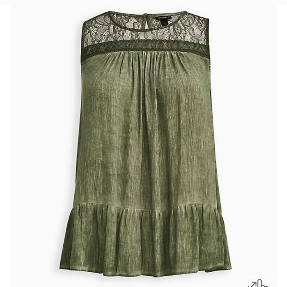 Torrid Olive Green Sleeveless Lace Trim Mineral Wash Boho Babydoll Top Sz 12 NWT